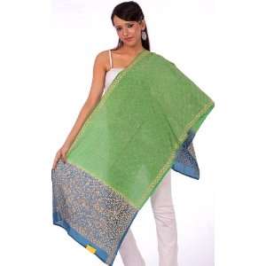  Green and Blue Stole with Kantha Stitch Embroidery by Hand 