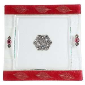    Glass Matzah Plate with Leaves on Deep Red 