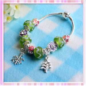 Green White Ribbon Big Beads Colorful Rhinestone Xmas Chain Bracelet 