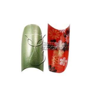 Pearl Green Airbrushed Nail Tips w/ Underside Oriental Floral Design 