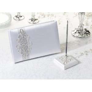    Victorian Scroll Guest Book and Pen Set Silver