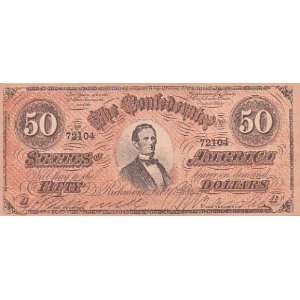  Confederate States of America 1864 $50 SERIES 9 