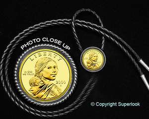 BOLO Gold Plated Real Dollar Coin Bola Tie ~ SACAGAWEA  
