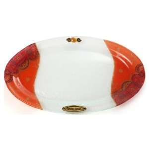  Oval Glass Challah Tray with Red and Orange Geometric 