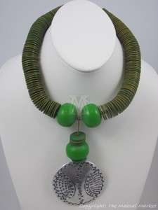 African Handmade Ethnic Jewelry Necklace Vinyl Disc Green Resin Beads 