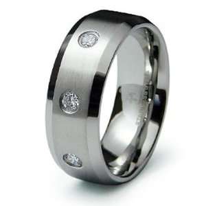  High End Beveled Edge Three CZ Stone Steel Wedding Band Ring 