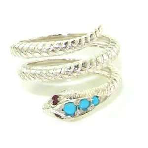 Fabulous Solid Sterling Silver Natural Turquoise & Ruby Detailed Snake 