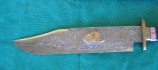 Asian knife with engraved blade 10 1/2 stone handle  