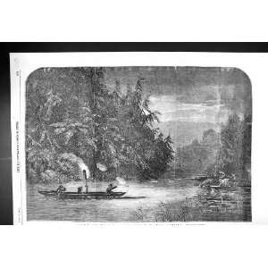 1857 Water Hunting Deer Night Scene River Susquehana Pennsylvania 