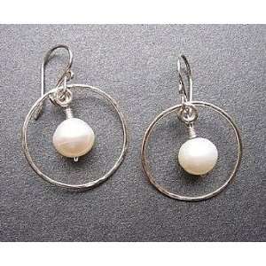   Earrings Ivory freshwater pearl inside hammered circle, Jewelry