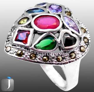 size 6 1/2 MARCASITE RED RUBY GARNET EMERALD 925 STERLING SILVER RING 