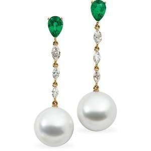   Sea Cultured Pearl, Genuine Emerald And Diamond earrings Jewelry