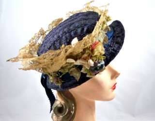 Antique Straw & Lace Flowers Hat 1918 Lace Wired High  