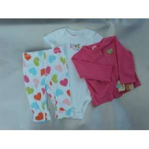   Girls 3 piece 100% Cotton Knit Pink Hearts Cardigan Pant Set 12 Months