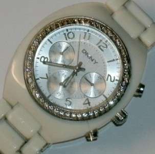 DKNY Designer Silver Tone Diamante Bezel Chronograph White Womens 