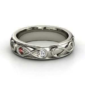 Infinite Love Ring, 18K White Gold Ring with Diamond & Red Garnet