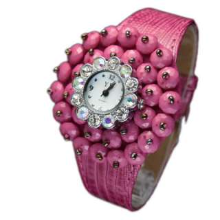 Special Flower Beads Dial Leatheroid 7 Colors Ladys Womens Quartz 