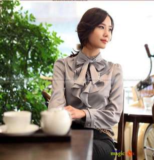 2012 Women Long Sleeve Stand Collar Ruffle Bowknot Shirt Blouse Top 