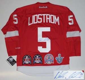 NICKLAS LIDSTROM SIGNED DETROIT RED WINGS STANLEY CUP JERSEY ALL 4 