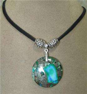TURQUOISE/PYRITE PENDANT LEATHER CHOKER STERLING SILVER NECKLACE 