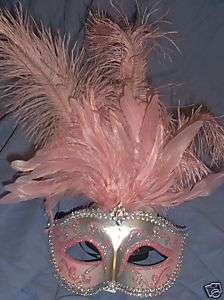 LT PINK SILVER VENETIAN MASK FEATHER MASQUERADE COSTUME  
