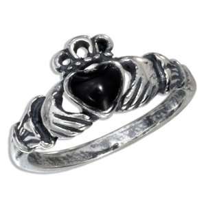  Sterling Silver Jet Heart Claddagh Ring Jewelry