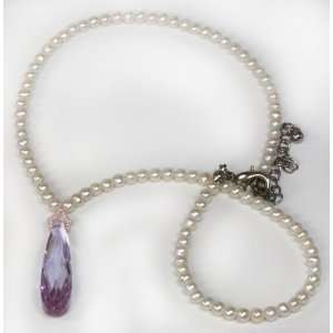 LibbySue Freshwater Pearl Strand Necklace with Lavender Purple Crystal 