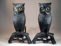   Figural Cast Iron OWL Andirons Yellow Glass Eyes Howes Boston  