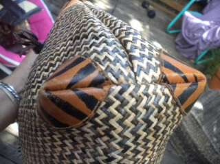 Large Tribal Artisan Leather & Straw Hobo Tote Bag Purse Boho Hippie 