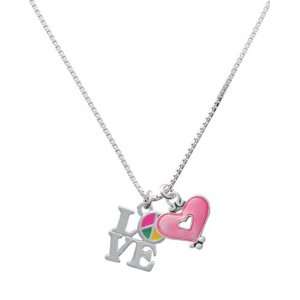   Multicolored Peace Sign and Trasnlucent Pink Heart Charm Necklace