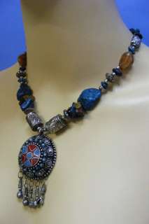 Superb Traditional AFGHAN Tribal Silver Plate AGATE Stones Necklace 