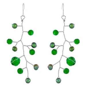 Wonderfully Wired Silver Earrings Designed with Glamorous Green Glass 