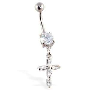  Navel ring with dangling clear jeweled cross Jewelry