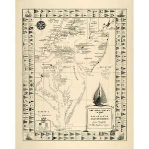 1934 Print American East Coast Map Yacht Clubs Burgees   Original 