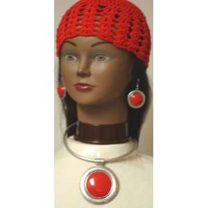  Hand Crocheted Red Gimp Skull Cap Offered in Combination 