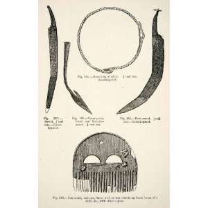  1889 Wood Engraving Neck ring Sword Spear point Comb 