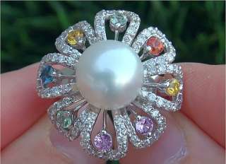   Natural Tahitian Pearl Sapphire Diamond Cocktail Ring 14k Gold  