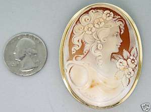 14k Gold Pendant/Pin Lady Cameo. Hand Carved. Signed  