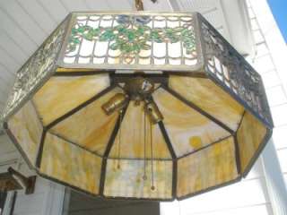 Art Nouveau Caramel Slag Filigree Brass Large Hanging Panel Shade 3 