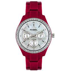 Fossil Womens White Crystal Red Plastic Watch  