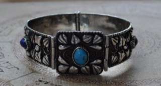 Vtg Egyptian Revival Silver Turquoise Lapis Bracelet  