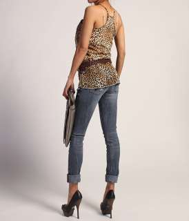 MOGAN Boho Leopard Print Chiffon BLOUSE w/ Leather Belt Sleeveless Top 