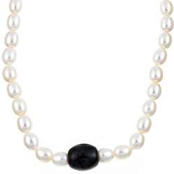 Freshwater Pearl and Charcoal Jade Barrel Necklace (7.5 8 mm 