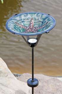 Evergreen Garden Glass Birdbath with Solar Stake   Coastal Calm 