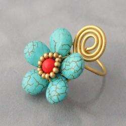 Brass Wire Turquoise and Red Coral Flower Wrap Ring (Thailand 
