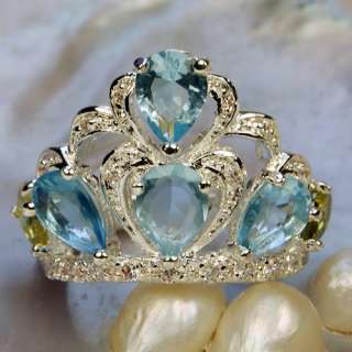 Pretty Blue Peridot Topaz Gems Ring Silver Size #8 CR73  