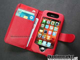 Red Leather Skin Case Cover Pouch Book+Strap for Apple iPhone 4 4S 