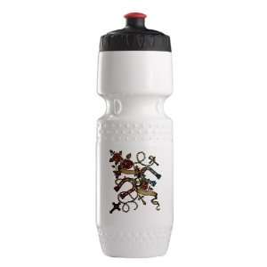   Water Bottle Wht BlkRed Horseshoes Roses and Crosses 