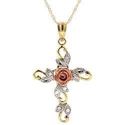10k Yellow, White and Rose Gold Cross Necklace  