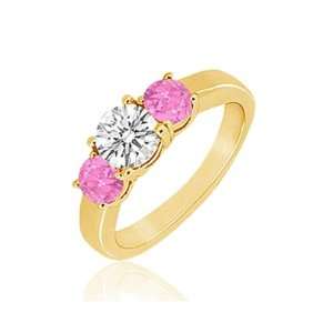   Pink Sapphire (AA+ Clarity,Pink Color) Three Stone Ring in 14K Yellow